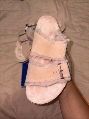 Birkenstock Dual-Strap Shearling Slide Sandals - Blush Pink